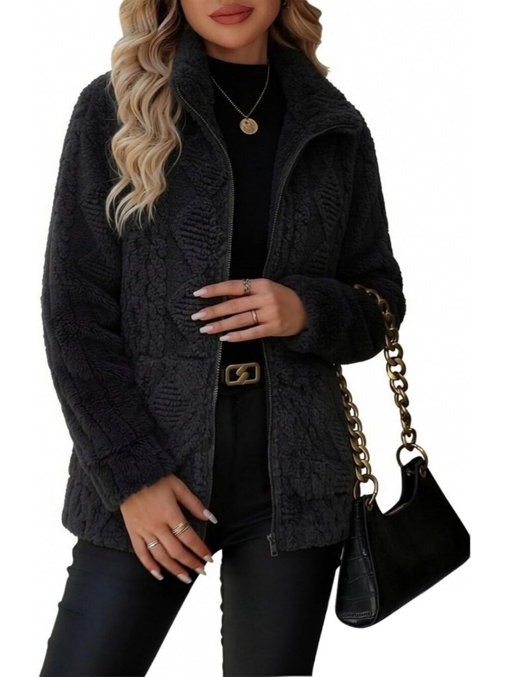 Women's Diamond Black Stand Collar Fleece Sherpa Pockets long sleeve Jacket